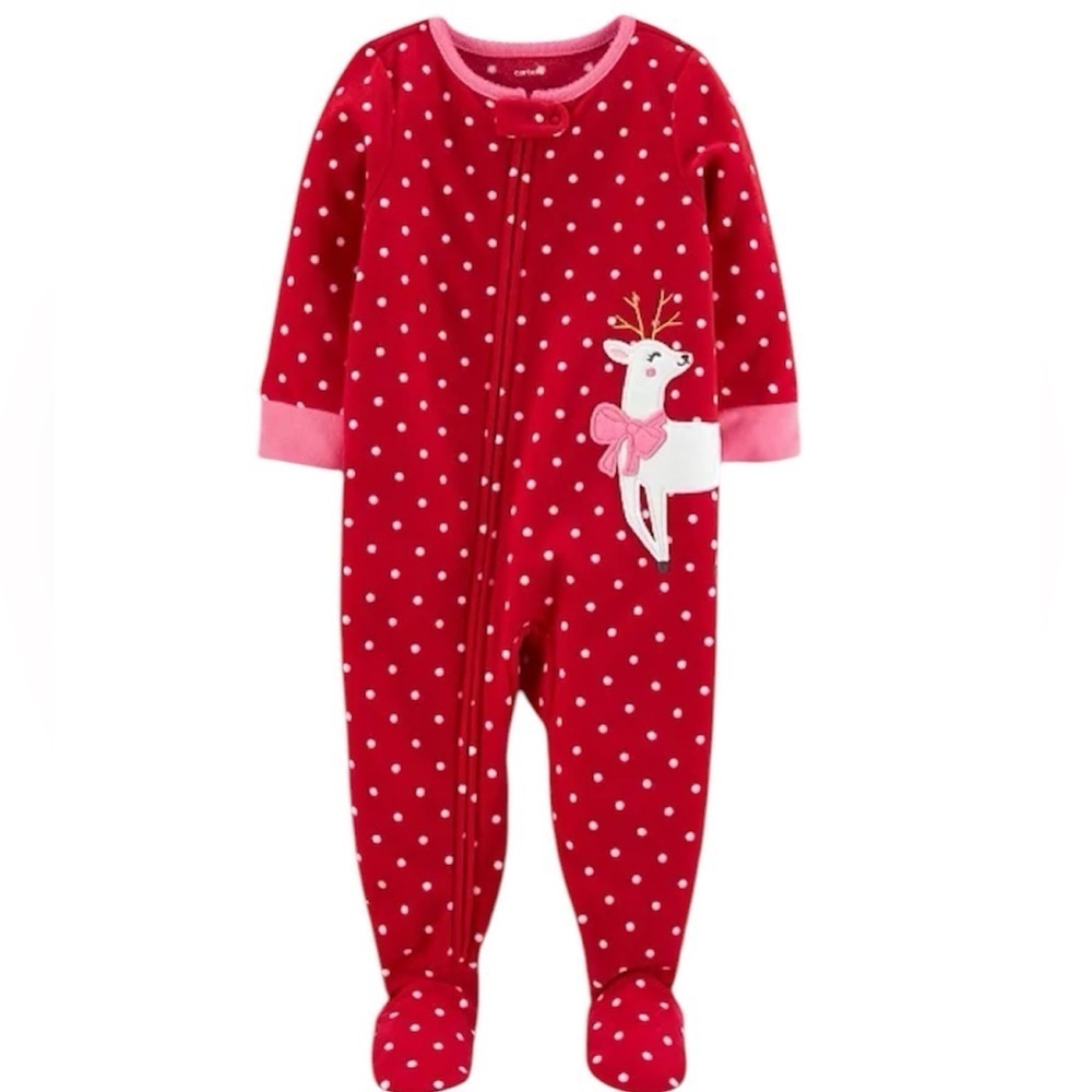 Carter’s Red Polka Dot Reindeer Footed Pajamas Fleece Pj's size 18 months